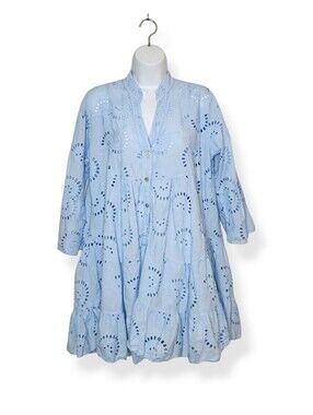 Women's Light Blue Eyelet Embroidered V-Neck Summer Swing Dress